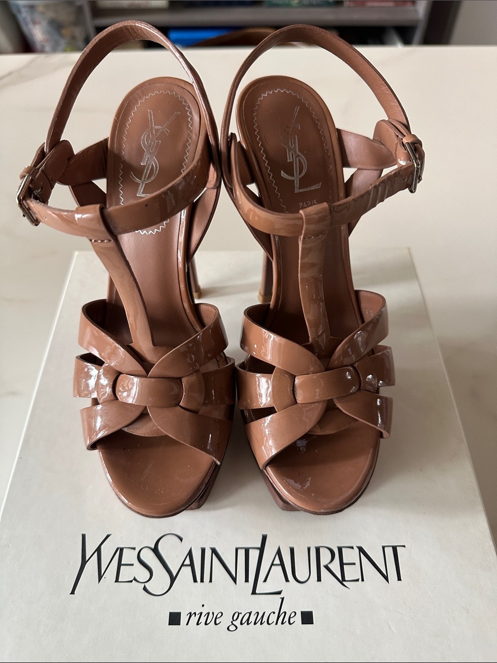 YSL Yves Saint Laurent Tribute 105 Patent Leather Heel / Sandals Nude 36